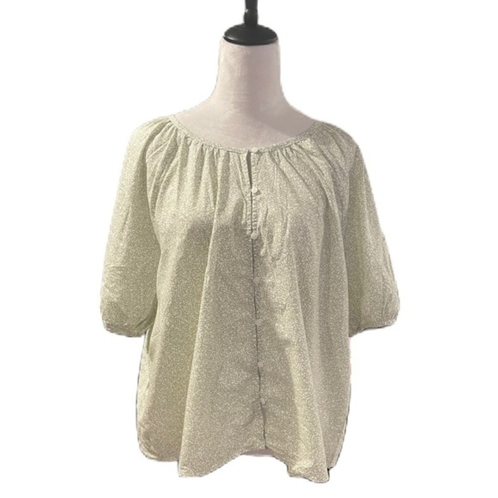 Universal Thread Short Puff Sleeves Button Front Blouse Top Green Floral S,XL